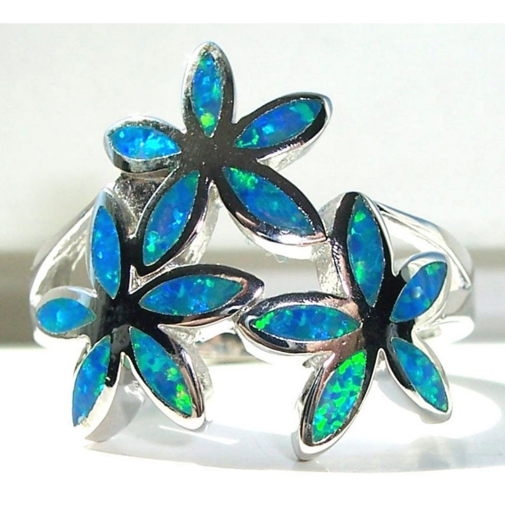 925 STERLING SILVER Lab Created Blue Fire Opal Hawaiian Plumeria Ring - Picture 2 of 16